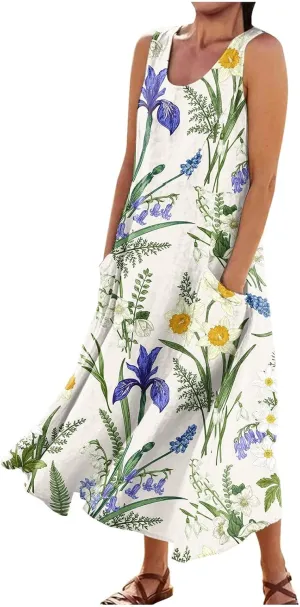 Womens Summer Dresses 2025 Sleeveless Scoop Neck Lightweight Loose Maxi Dress Casual A-Line Swing Long Sundress