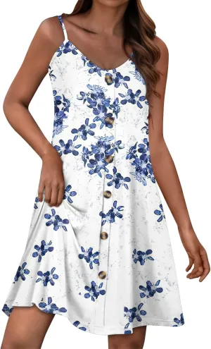 Womens Summer Dresses Beach Floral Sundresses Button Flowy Mini Dress Spaghetti Strap Casual Sleeveless a Line Dress
