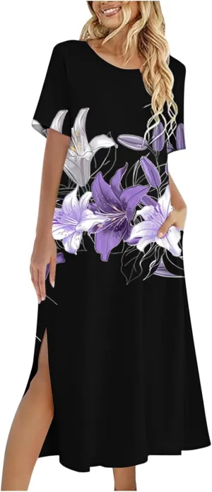 Womens Summer Dresses Casual Boho Floral Print Short Sleeve Midi Sundress Loose Fit Fashion Dress with Pockets