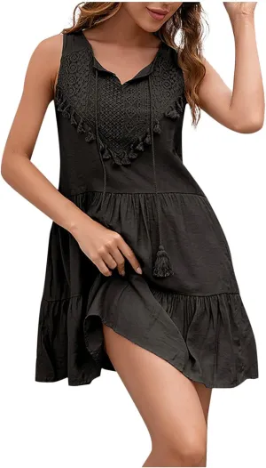 Womens Summer Dresses Casual Spring 2025 Sleeveless A-Line Tiered Swing Mini Dress Lace Beach Vacation Sundress