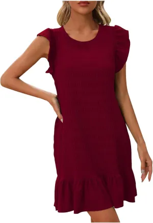 Women's Summer Dresses Round Neck Flutter Sleeveless Tank Dress Solid Color Flowy Ruffle Hem Mini Babydoll Dresses
