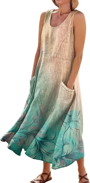 Womens Summer Dresses Sleeveless Floral Print Boho Dress U Neck A-Line Sundress Trendy Beach Dress with Pockets