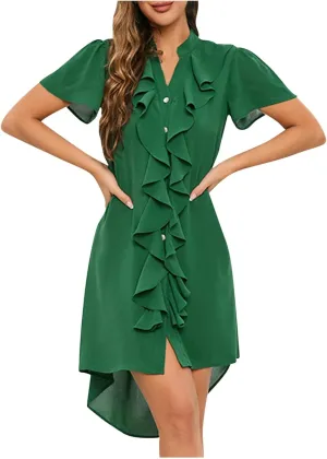 Women's Summer Dresses V Neck Midi Dresses Short Sleeve Ruffle Flowy Boho Beach Dresses 2025 Casual Mini Dress