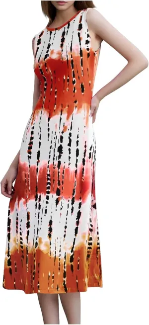 Womens Summer Sleeveless Tank Maxi Dress 2025 Fashion Tie Dye Crewneck Beach Dresses Y2K Casual Loose Slits Sundress