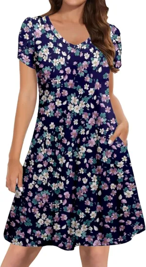 Women's Summer Spring Casual Beach Sundress 2025 Vacation Short Sleeve V Neck Floral Dress Loose Mini Dresses