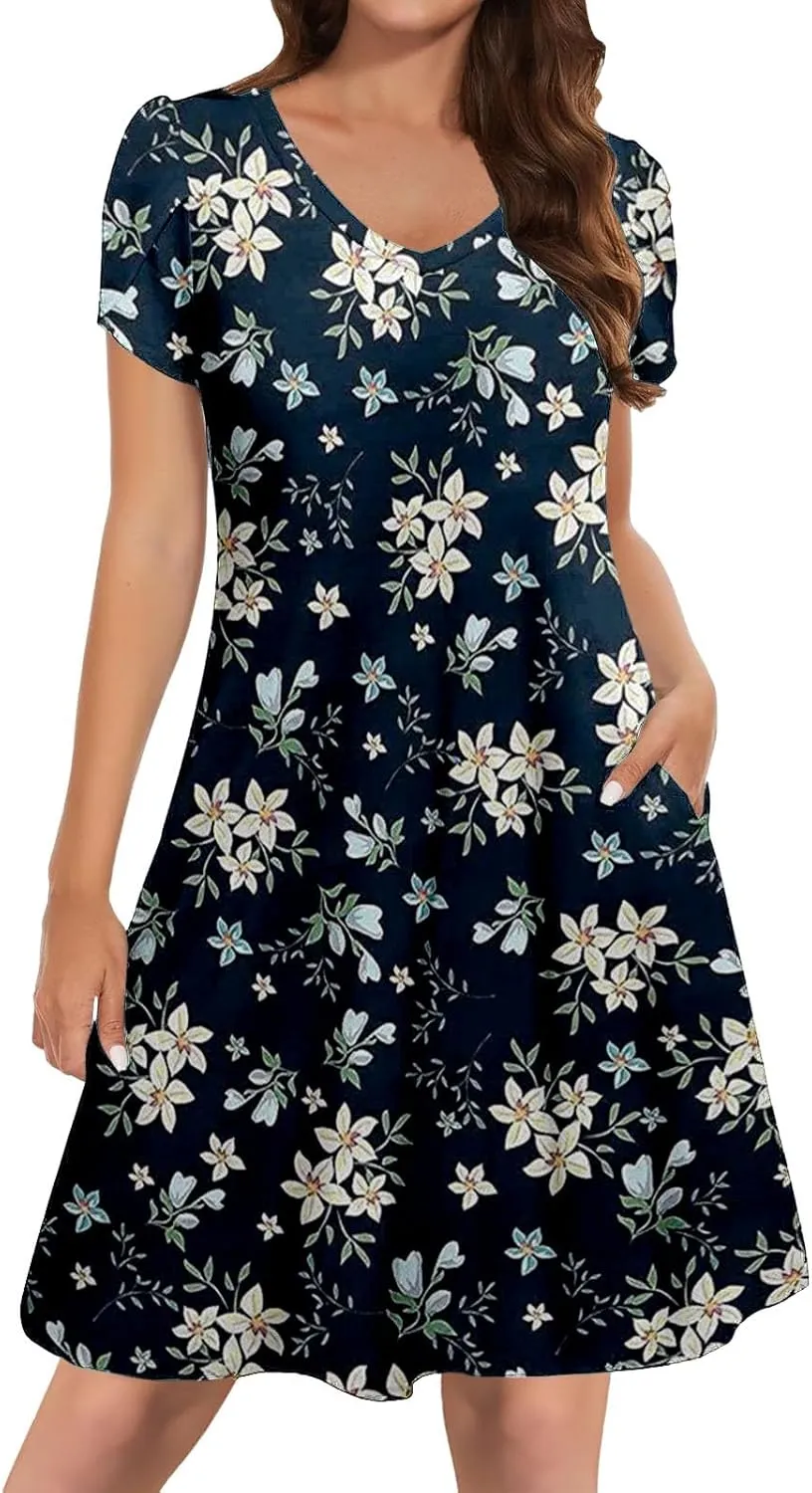 Women's Summer Spring Casual Beach Sundress 2025 Vacation Short Sleeve V Neck Floral Dress Loose Mini Dresses