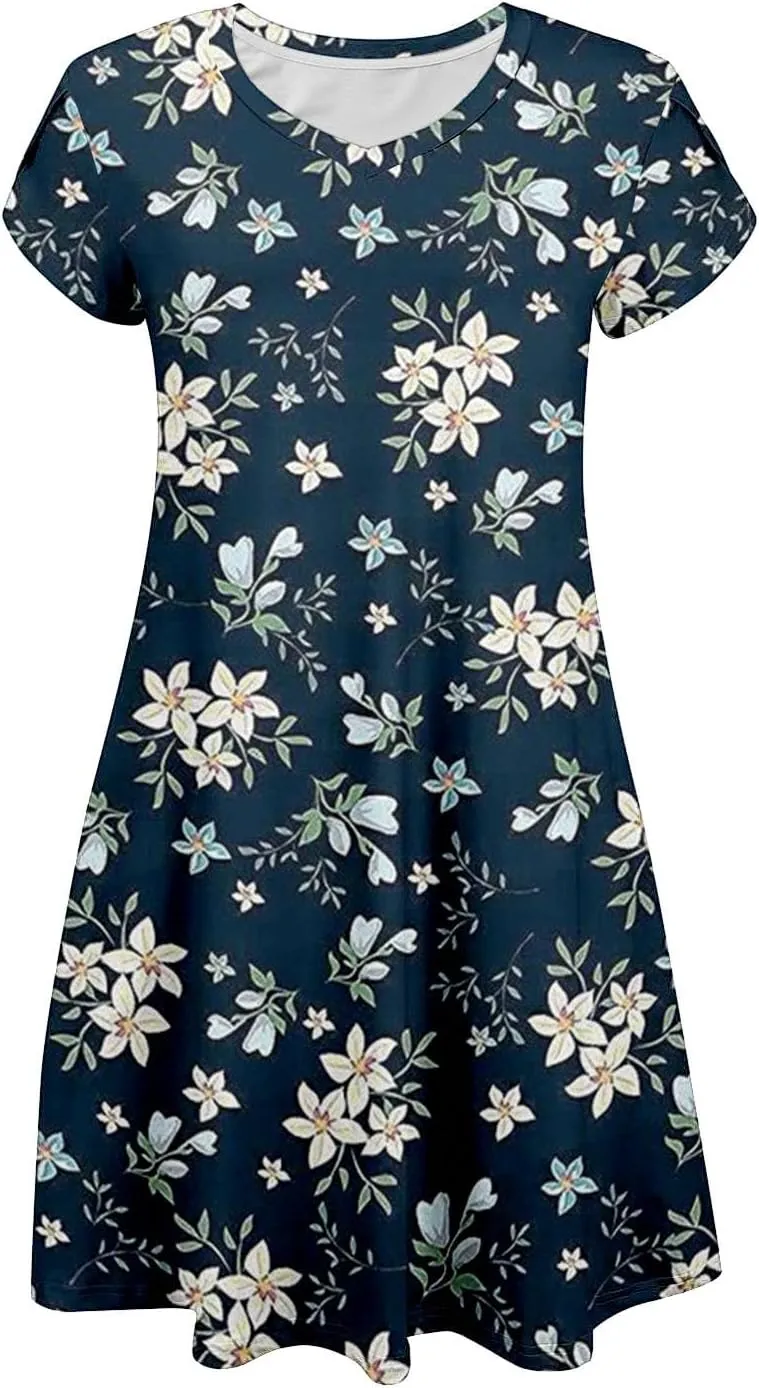 Women's Summer Spring Casual Beach Sundress 2025 Vacation Short Sleeve V Neck Floral Dress Loose Mini Dresses