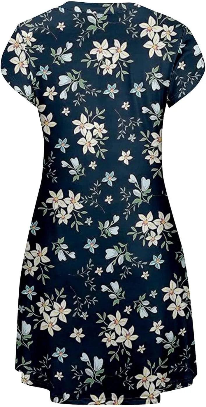 Women's Summer Spring Casual Beach Sundress 2025 Vacation Short Sleeve V Neck Floral Dress Loose Mini Dresses