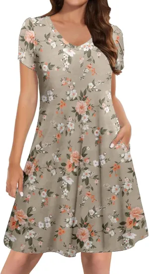 Women's Summer Spring Casual Beach Sundress 2025 Vacation Short Sleeve V Neck Floral Dress Loose Mini Dresses