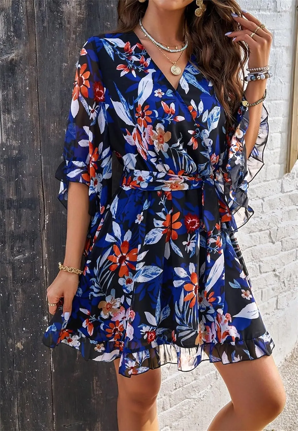Womens Trendy Summer Dresses Cute Floral Dresses Short Sleeve Mini Dress Ruffle Vacation Dresses Cocktail Party Dress