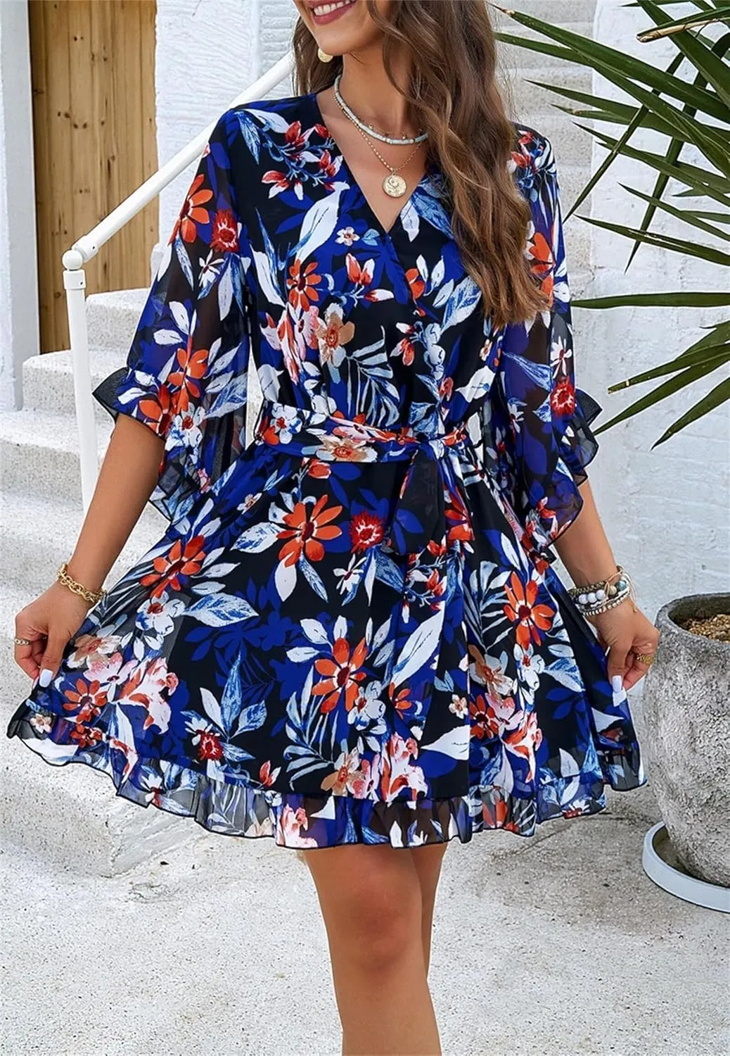Womens Trendy Summer Dresses Cute Floral Dresses Short Sleeve Mini Dress Ruffle Vacation Dresses Cocktail Party Dress