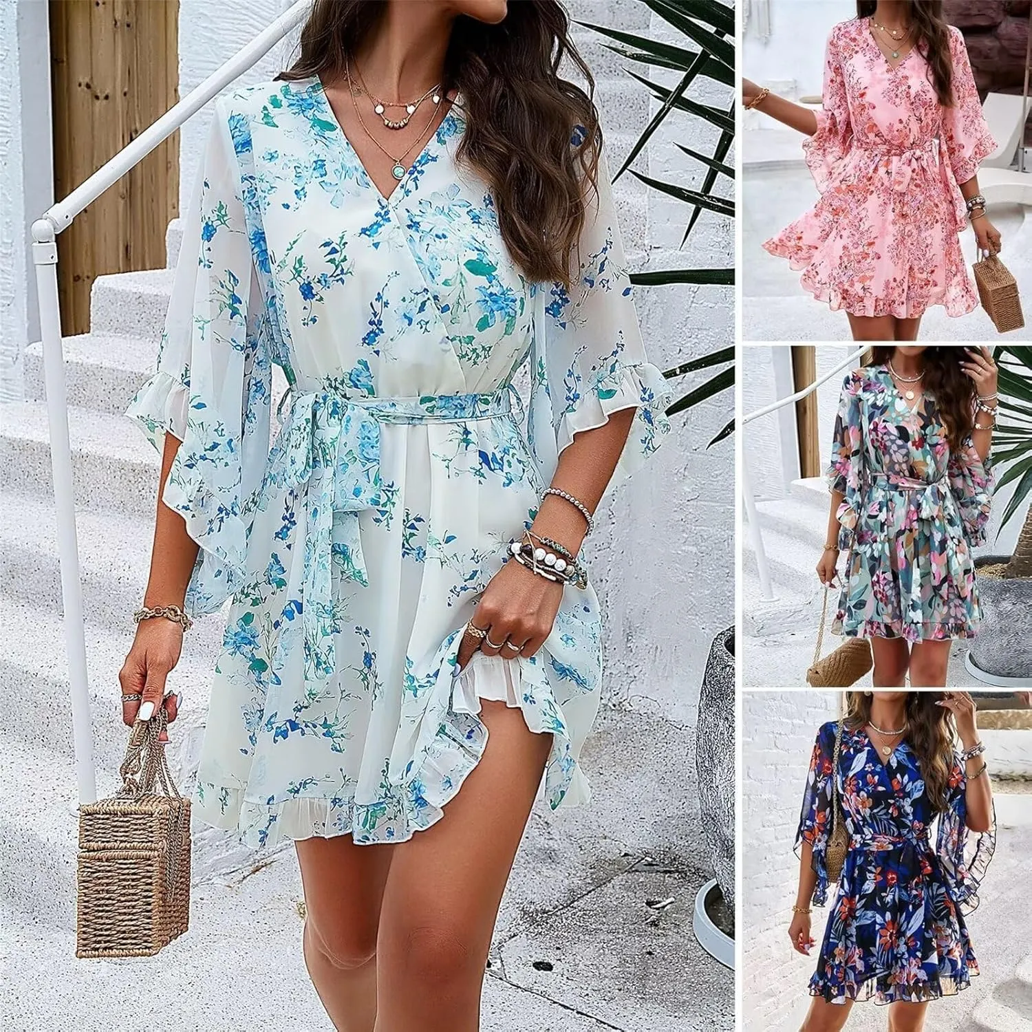 Womens Trendy Summer Dresses Cute Floral Dresses Short Sleeve Mini Dress Ruffle Vacation Dresses Cocktail Party Dress