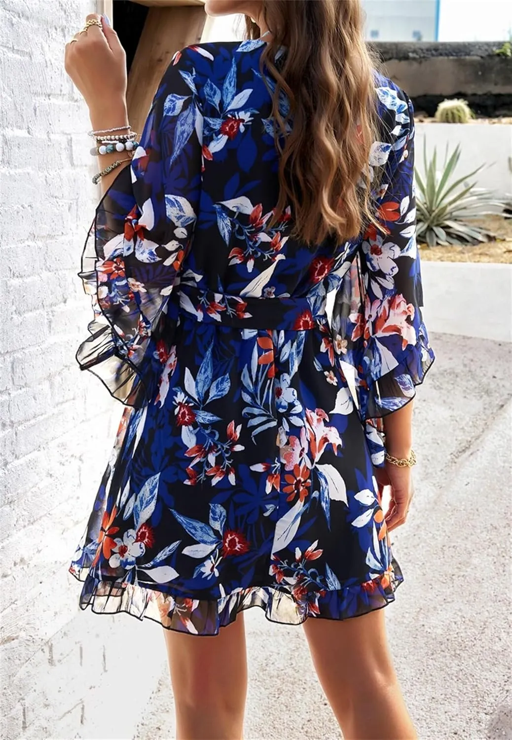 Womens Trendy Summer Dresses Cute Floral Dresses Short Sleeve Mini Dress Ruffle Vacation Dresses Cocktail Party Dress
