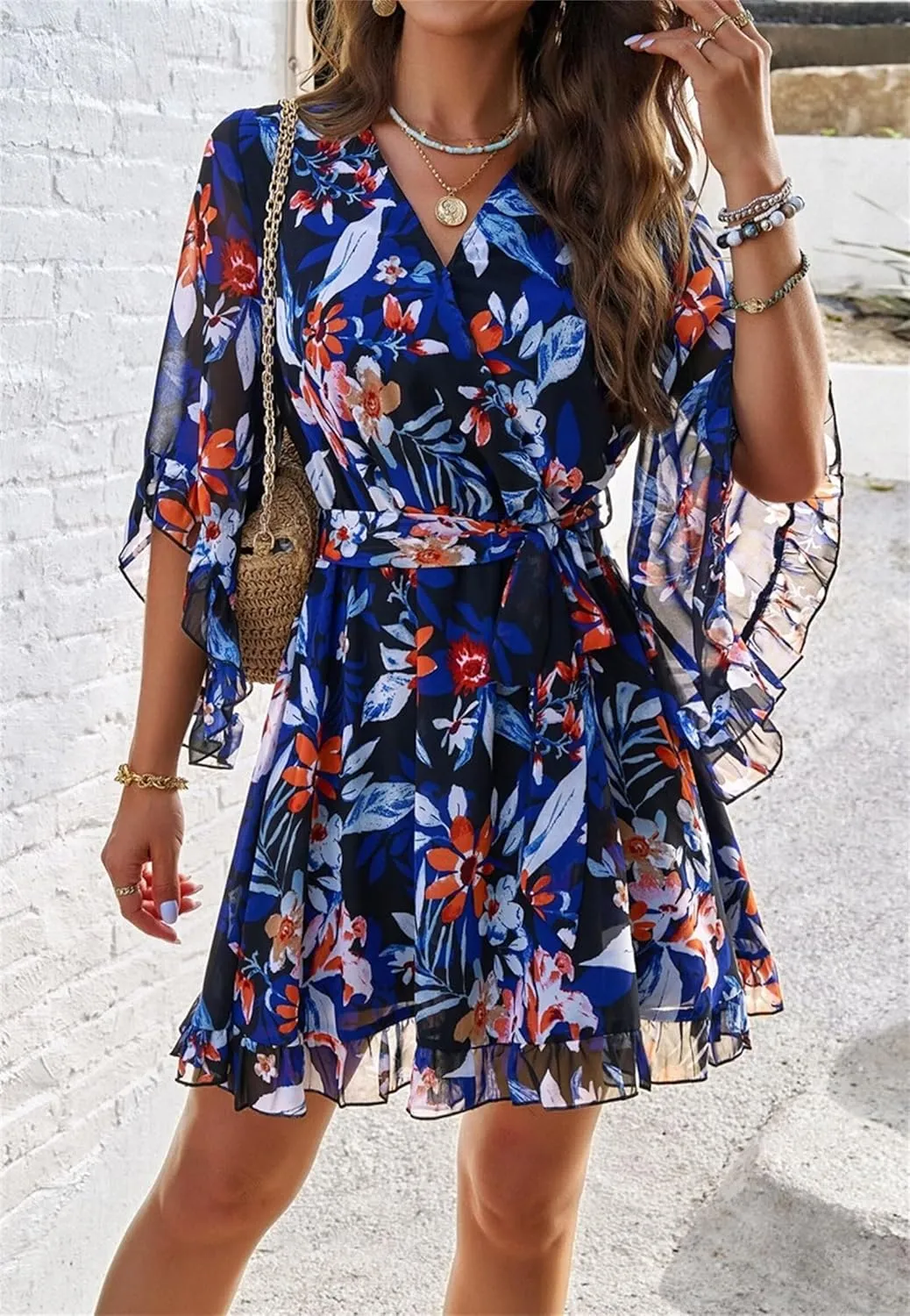 Womens Trendy Summer Dresses Cute Floral Dresses Short Sleeve Mini Dress Ruffle Vacation Dresses Cocktail Party Dress