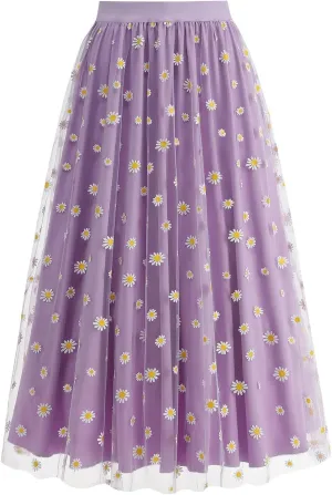 Women's Tulle A-Line Layered Mesh Midi Skirt Fashion Summer Boho Floral Maxi Skirts High Waisted Pleated Long Skirt
