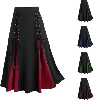 Womens Victorian Skirt High Waist Medieval Midi Dress Gothic Pleated Skirts Vintage Steampunk Dress Lace Up Goth Skirt