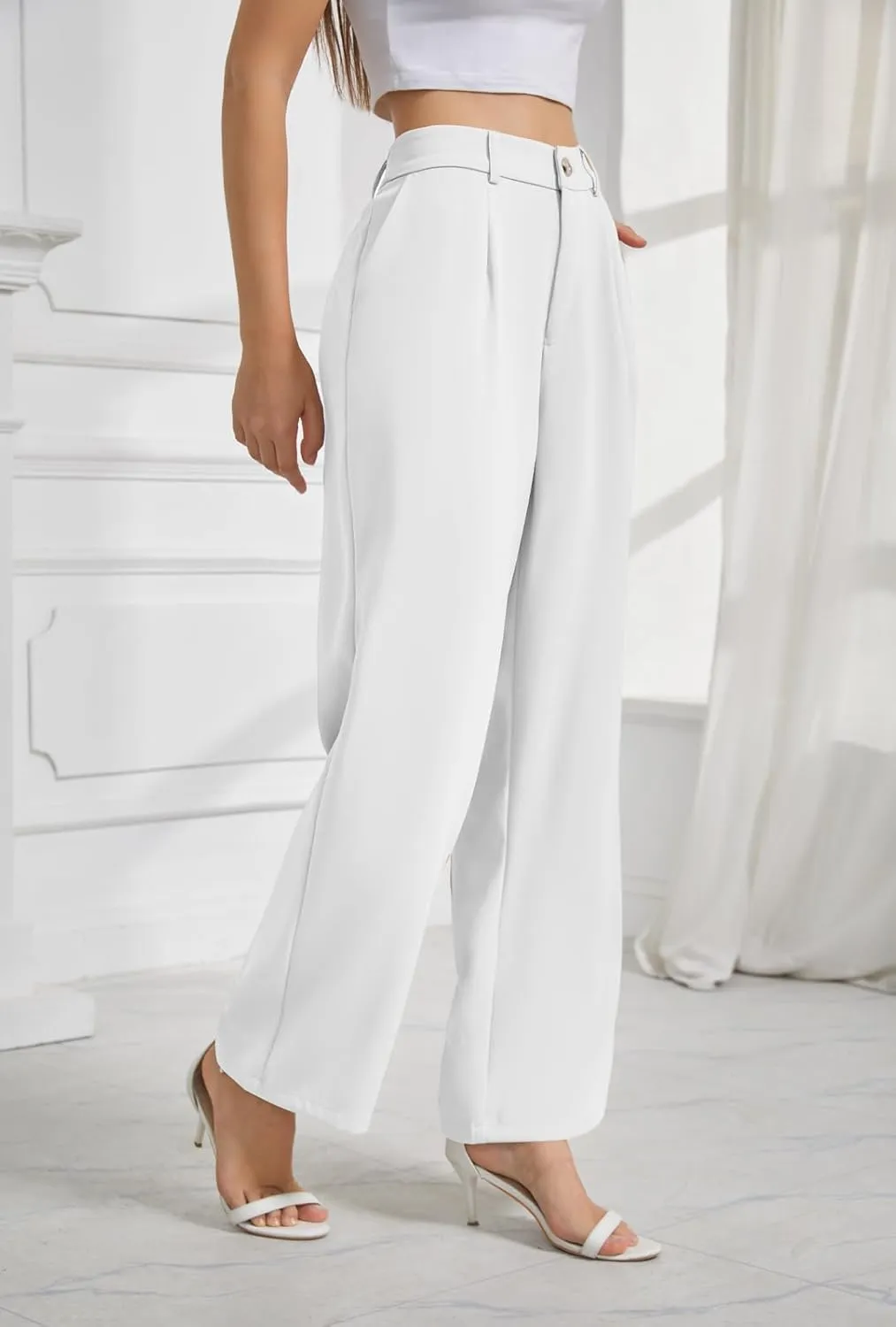 Womens Wide Leg Business Casual Pants High Waisted Straight Leg Pants Work Trousers with Pockets Slacks for Women