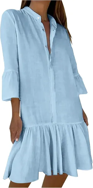 Xiaojmake Womens Tunic Shirt Mini Dress 3/4 Puff Sleeve Cotton Linen Short Dresses Button Up Flowy Ruffle Hem Shift Dress