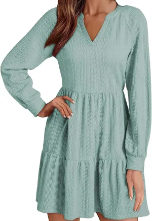 XOWRTE Womens Mini Dresses 2024 Long Sleeve V Neck Textured Casual Tiered Ruffle A-Line Swing Mini Babydoll Dress Party Dress