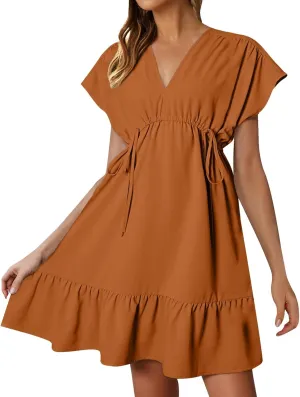 XOWRTE Womens Summer Dresses Short Sleeve V Neck Empire Waist Drawstring Casual Ruffle A-Line Swing Mini Babydoll Dress