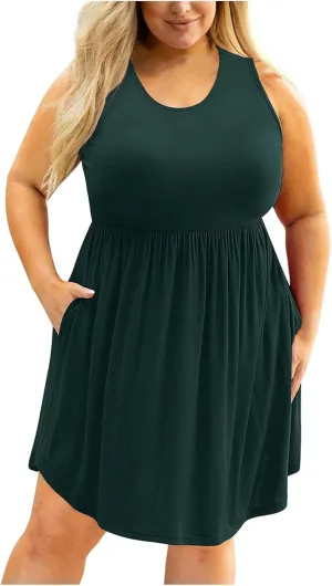 XUNRYAN Summer Tank Dress for Women Plus Size Casual Sleeveless Crewneck Pleated Babydoll Swing Beach Sundresses with Pockets