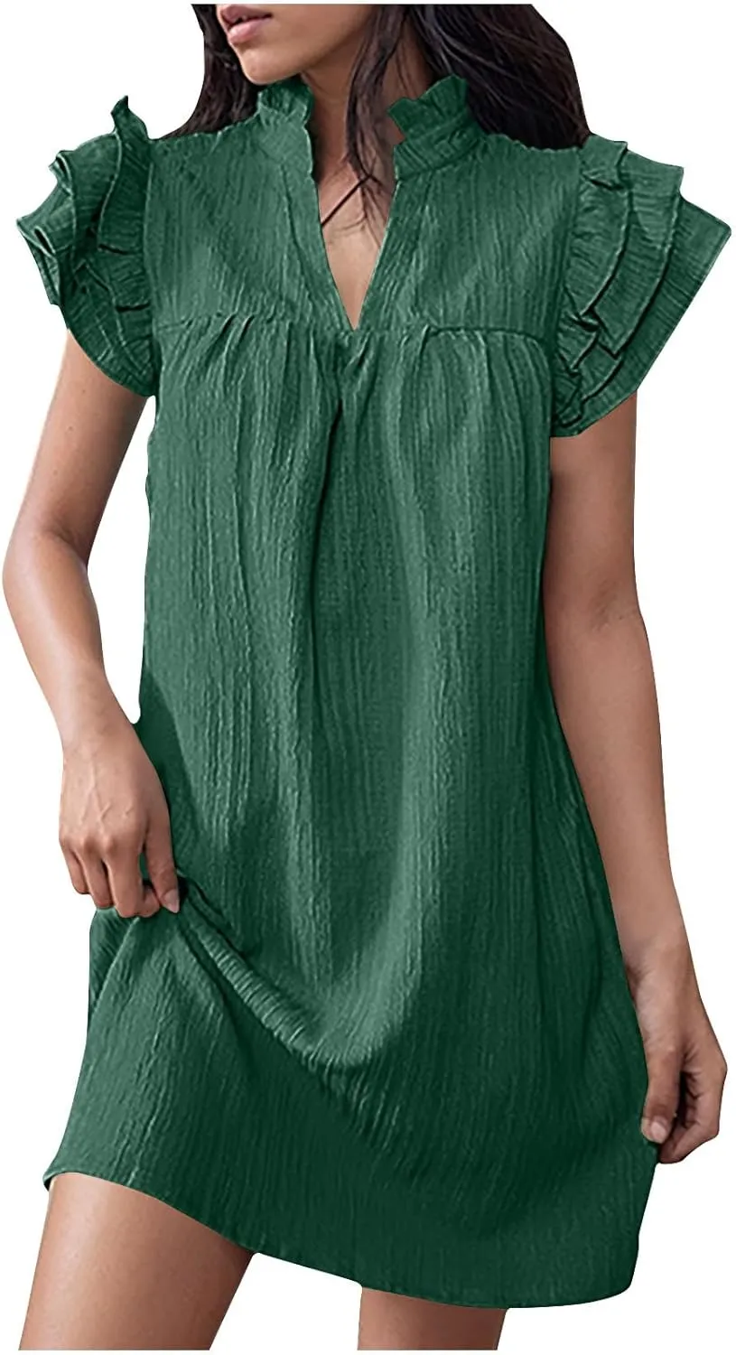 XUNRYAN Tank Dresses for Women 2024 Summer Casual Ruffle Textured Short Mini Dress Trendy Sundress Beach Vacation Outfit