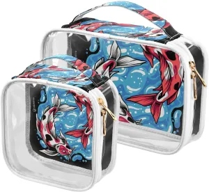 Yin-yang-koi-fish Pattern 2 Pack Clear Toiletry Bag Women Men, Portable Waterproof Clear Pouch, Cosmetic Bag with Double Zippers Large Opening Traveling with Handle for Bathroom Traveling Vacation Org