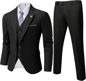 YND Men's Slim Fit 3 Pieces Suit, One Button Solid Jacket Pants Set with Tie for Wedding Party Business Prom