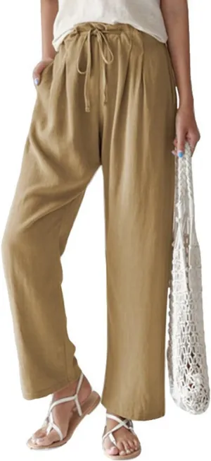 yoeasy Women Cotton Linen Drawstring Elastic Waist Straight Leg Pants Lightweight Trousers with Pocket
