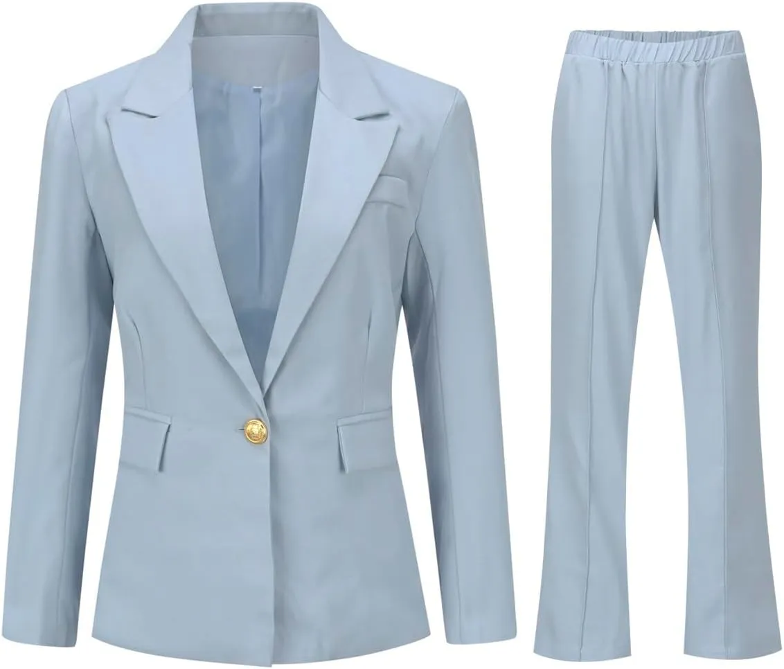 YYNUDA Women's 1 Button 2 Piece Lady Suit Set Office Work Solid Blazer Jacket and Pants