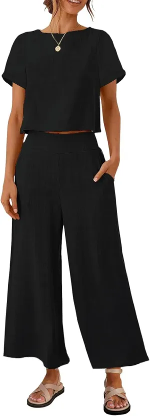ZESICA Women's 2 Piece Outfits Linen Short Sleeve Crop Top and Wide Leg Pants Lounge Matching Set Tracksuits Trendy Clothes