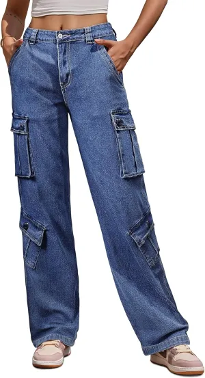 ZMPSIISA Women Pants High Waisted Cargo Pants Combat Military Wide Leg Casual Trousers 8 Pockets