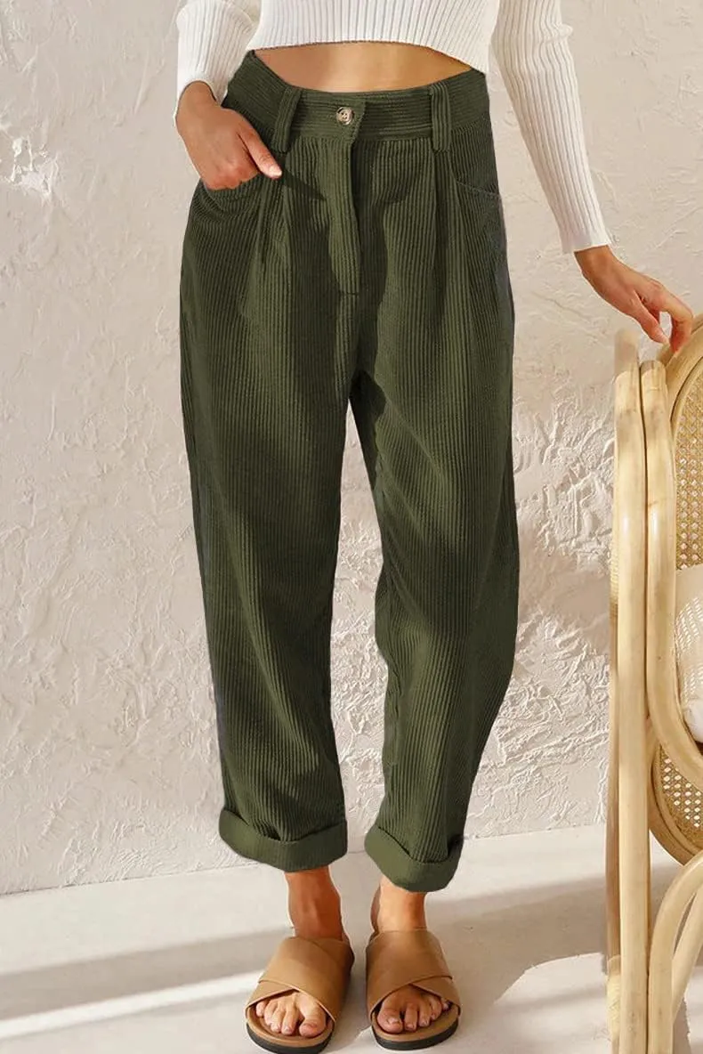 ZOCANIA Women's Corduroy Barrel Pants Mid-Rise Elastic Waist Harem Pants Wide Leg Baggy Trouser Work Boyfriend Cropped Pants