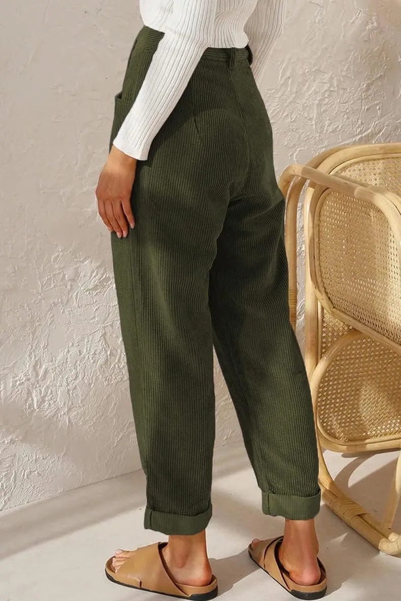 ZOCANIA Women's Corduroy Barrel Pants Mid-Rise Elastic Waist Harem Pants Wide Leg Baggy Trouser Work Boyfriend Cropped Pants