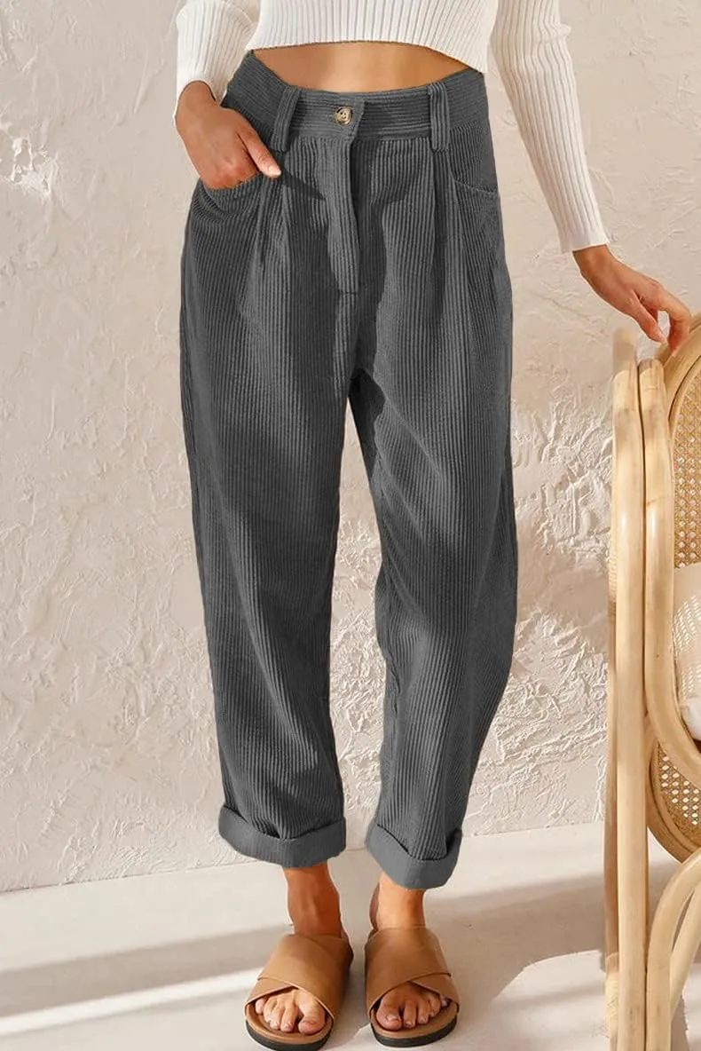 ZOCANIA Women's Corduroy Barrel Pants Mid-Rise Elastic Waist Harem Pants Wide Leg Baggy Trouser Work Boyfriend Cropped Pants