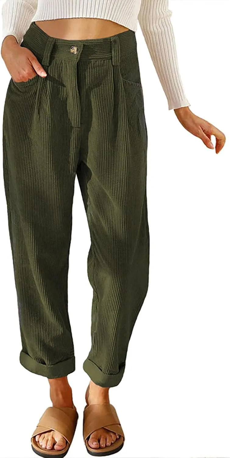 ZOCANIA Women's Corduroy Barrel Pants Mid-Rise Elastic Waist Harem Pants Wide Leg Baggy Trouser Work Boyfriend Cropped Pants