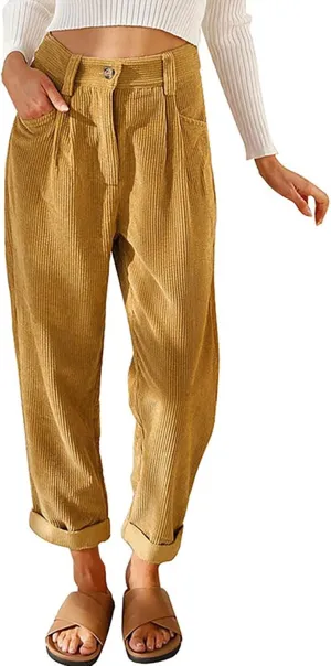 ZOCANIA Women's Corduroy Barrel Pants Mid-Rise Elastic Waist Harem Pants Wide Leg Baggy Trouser Work Boyfriend Cropped Pants