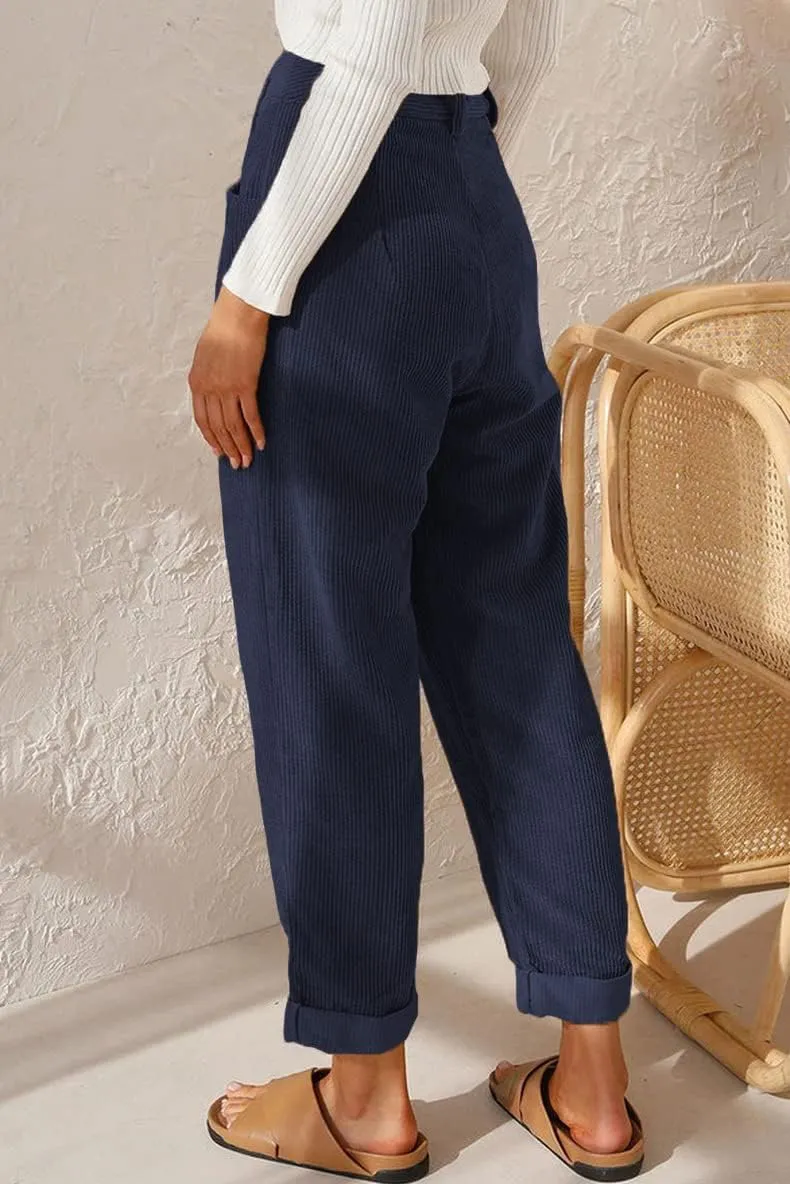 ZOCANIA Women's Corduroy Barrel Pants Mid-Rise Elastic Waist Harem Pants Wide Leg Baggy Trouser Work Boyfriend Cropped Pants