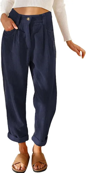 ZOCANIA Women's Corduroy Barrel Pants Mid-Rise Elastic Waist Harem Pants Wide Leg Baggy Trouser Work Boyfriend Cropped Pants