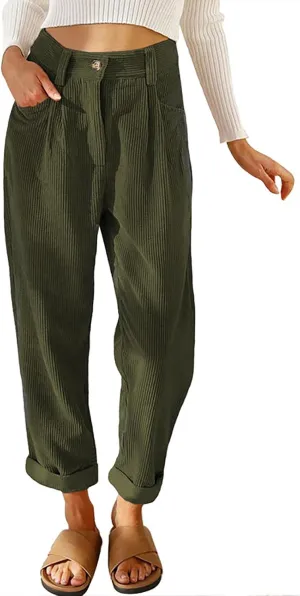ZOCANIA Women's Corduroy Barrel Pants Mid-Rise Elastic Waist Harem Pants Wide Leg Baggy Trouser Work Boyfriend Cropped Pants