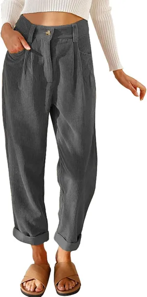 ZOCANIA Women's Corduroy Barrel Pants Mid-Rise Elastic Waist Harem Pants Wide Leg Baggy Trouser Work Boyfriend Cropped Pants