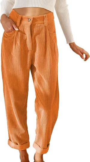 ZOCANIA Women's Corduroy Barrel Pants Mid-Rise Elastic Waist Harem Pants Wide Leg Baggy Trouser Work Boyfriend Cropped Pants