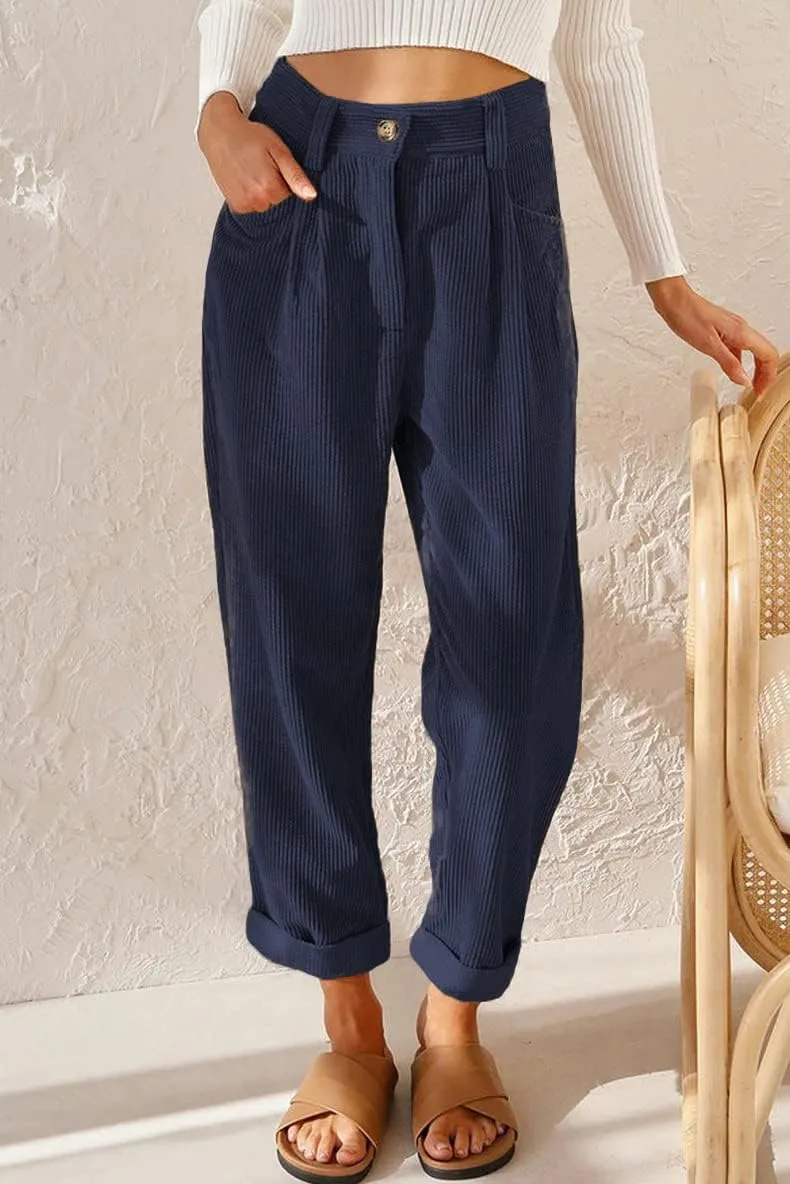 ZOCANIA Women's Corduroy Barrel Pants Mid-Rise Elastic Waist Harem Pants Wide Leg Baggy Trouser Work Boyfriend Cropped Pants