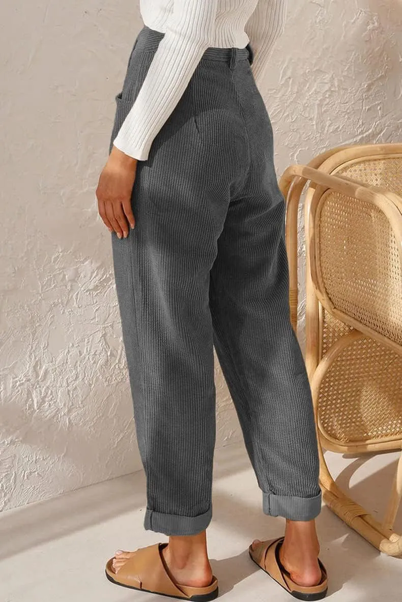 ZOCANIA Women's Corduroy Barrel Pants Mid-Rise Elastic Waist Harem Pants Wide Leg Baggy Trouser Work Boyfriend Cropped Pants