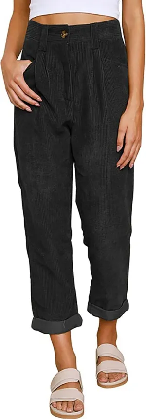 ZOCANIA Women's Corduroy Barrel Pants Mid-Rise Elastic Waist Harem Pants Wide Leg Baggy Trouser Work Boyfriend Cropped Pants