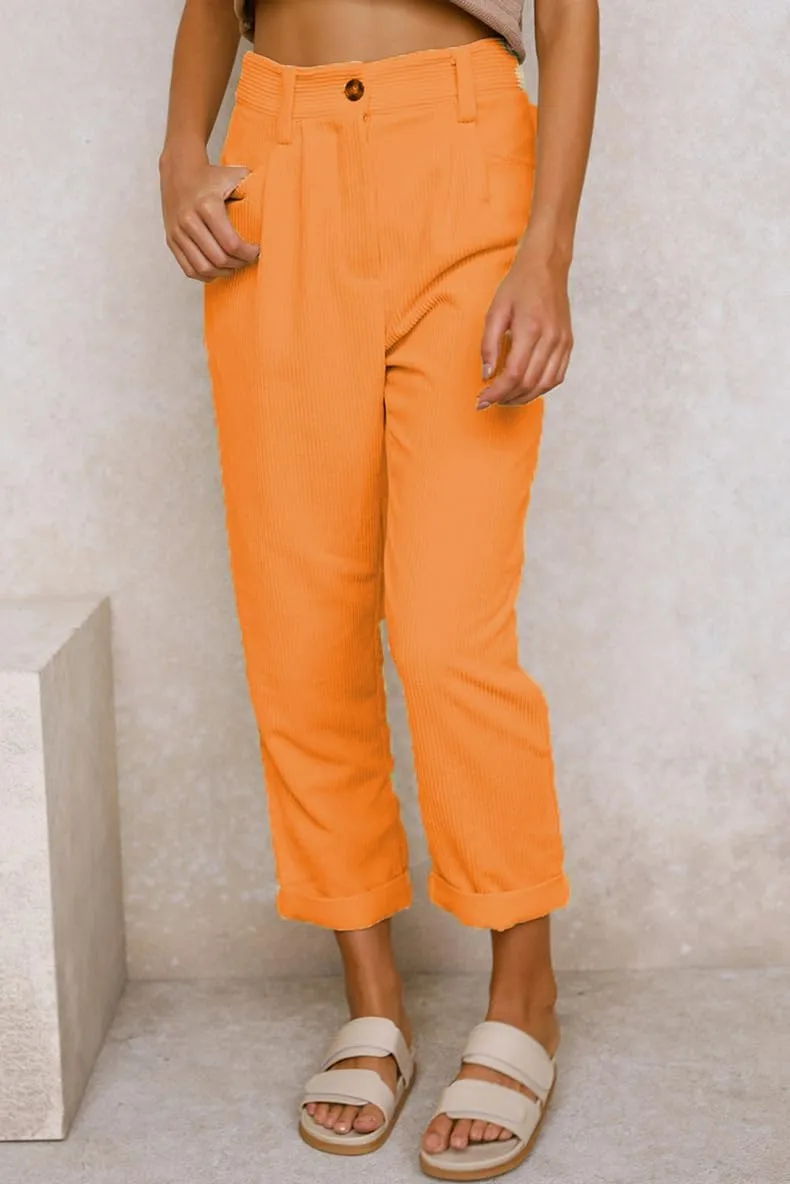 ZOCANIA Women's Corduroy Barrel Pants Mid-Rise Elastic Waist Harem Pants Wide Leg Baggy Trouser Work Boyfriend Cropped Pants