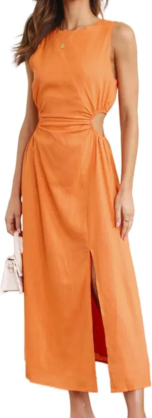 ZWRXW Long Linen Dress for Women Cutout Waist Slit Maxi Dress Summer Casual Crewneck Sleeveless Tank Dress Work Office Dress