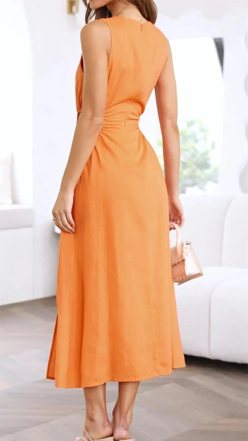 ZWRXW Long Linen Dress for Women Cutout Waist Slit Maxi Dress Summer Casual Crewneck Sleeveless Tank Dress Work Office Dress