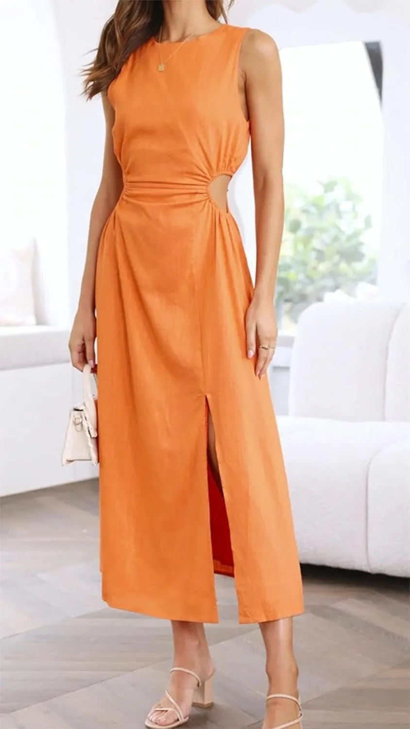 ZWRXW Long Linen Dress for Women Cutout Waist Slit Maxi Dress Summer Casual Crewneck Sleeveless Tank Dress Work Office Dress